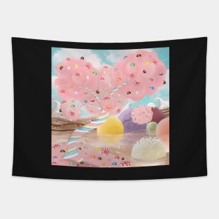 Candy land fantasy background. Sweets world landscape. Marshmallow tree, chocolate milk river, ice cream islands Tapestry