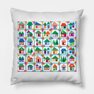 Sweet little houses on turquoise, little town, summertime in the city Pillow