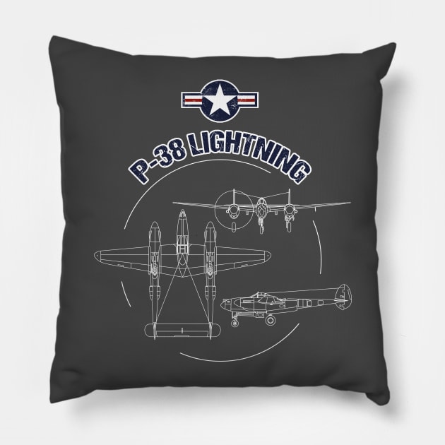 P-38 Lightning USAF Warbird Plane WW2 Airshow T-Shirt Pillow by stearman