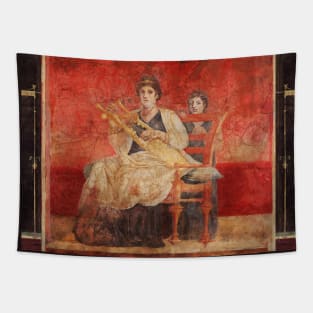 SEATED WOMAN PLAYING A LYRE POMPEII ANTIQUE ROMAN FRESCO IN RED Tapestry