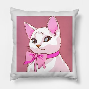 White cat with pink bow Pillow