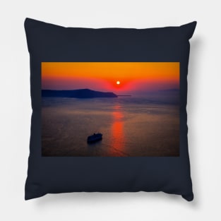 Santorini Cruise Ship, Red Sunset Pillow