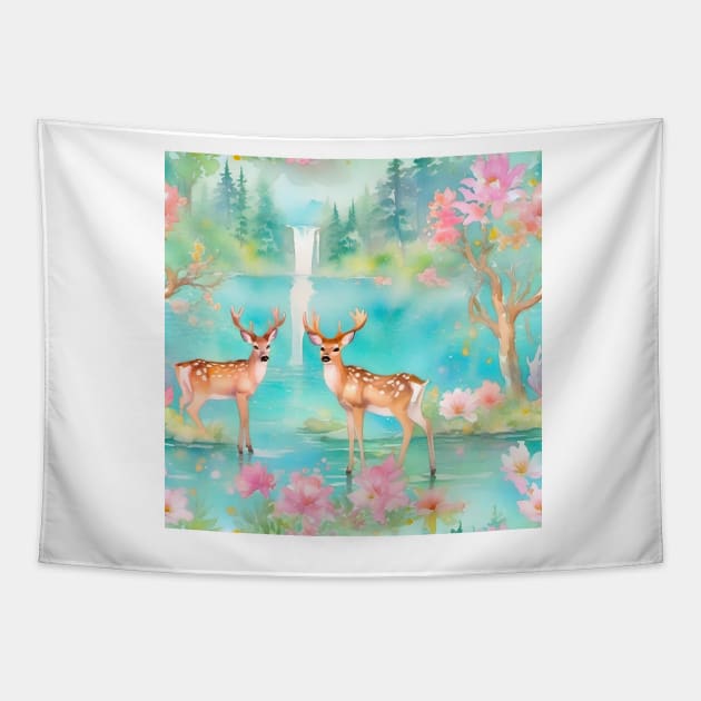 Deer and a waterfall, watercolor painting Tapestry by SophieClimaArt