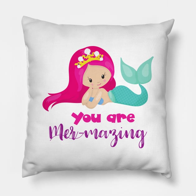 Cute Mermaid, Pink Hair, Crown, You Are Mermazing Pillow by Jelena Dunčević