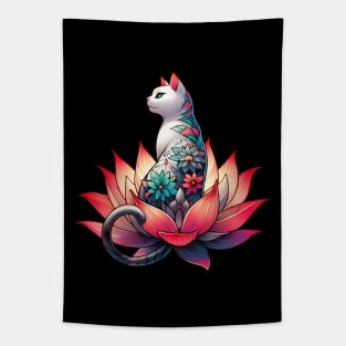 White cat with flower tattoo in lotus Tapestry