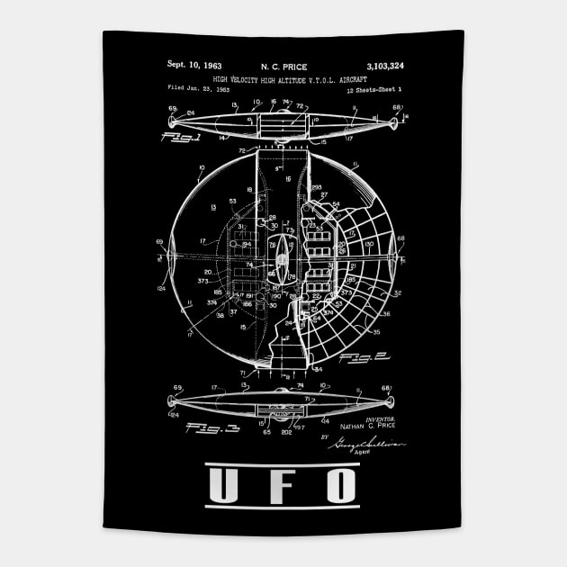 Flying Saucer UFO Spaceship Patent Print 1963 Tapestry by MadebyDesign