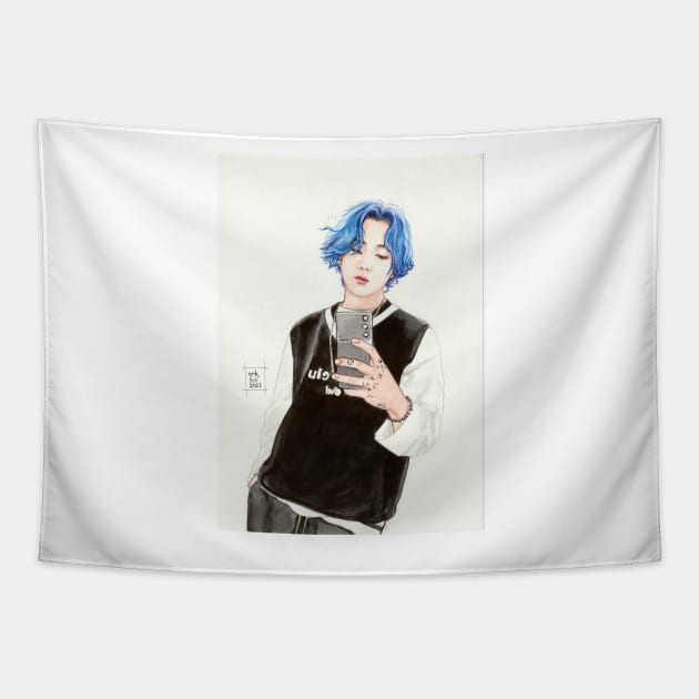 Jungkook Bluehair Selca Tapestry by emopod