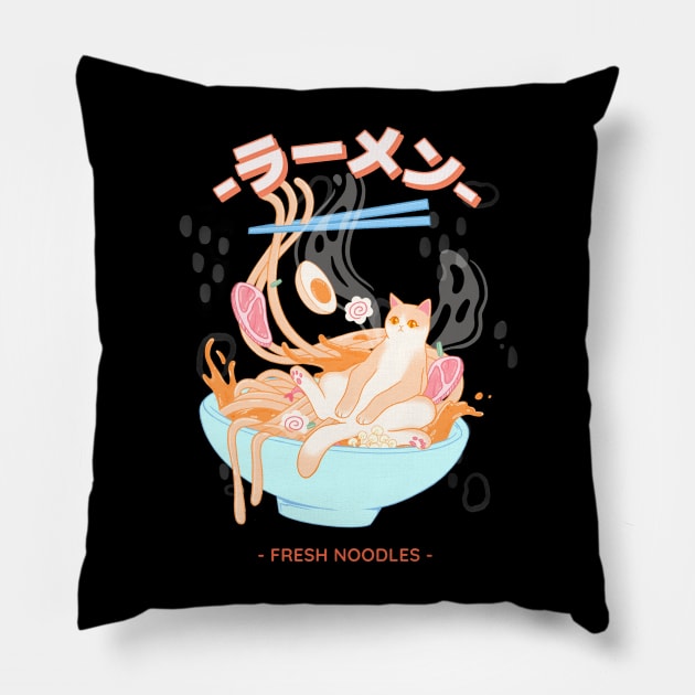 cat set on fresh noodles ramen Pillow by tedd