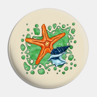Bright star fish and shell, summer beach Pin