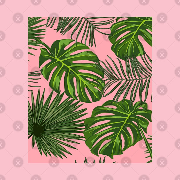 Tropical Plant Leaves Print on Pink by OneThreeSix