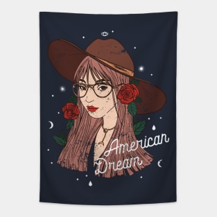 Living the American Dream: Our Cartoon Girl with Red Roses Tapestry