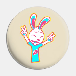 Happy Rabbit With Two Raised Peace Hand Signs Pin