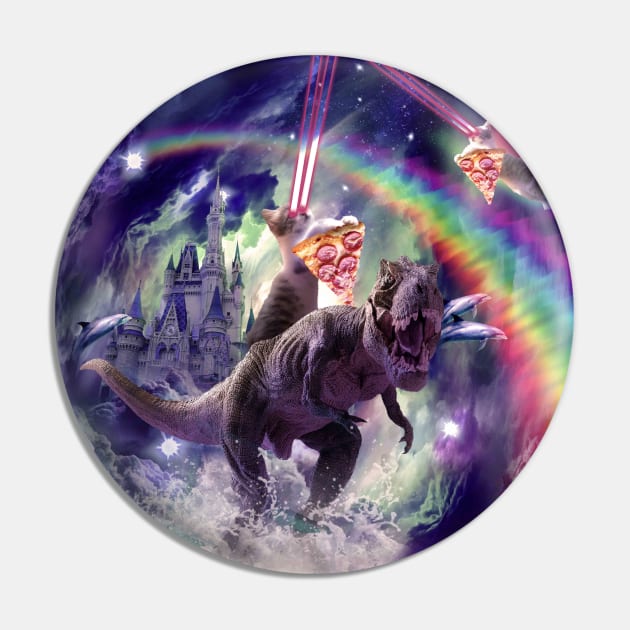 Rainbow Laser Space Cat On Dinosaur Eating Pizza Pin by Random Galaxy