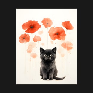 Retro Watercolor Cat and Poppies Flowers | Vintage-Inspired Artwork T-Shirt