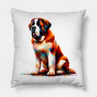 Saint Bernard Dog in Colorful Abstract Splash Art Pillow