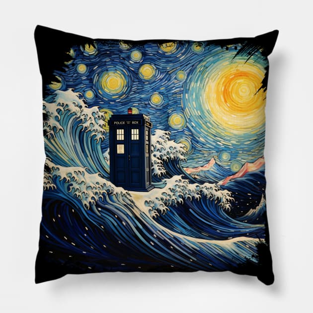 Starry Tardis Wave Pillow by positivespace