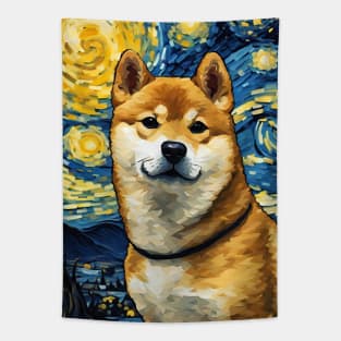 Cute Shiba Inu Dog Breed Painting in a Van Gogh Starry Night Art Style Tapestry