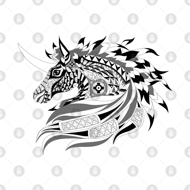 mythical black horse ecopop in tribal totonac patterns art by jorge_lebeau