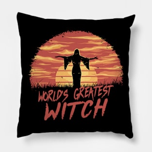 Retro World's Greatest Witch Sunset Silhouette Design Pillow