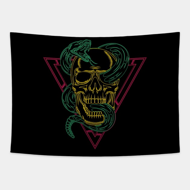 Retro 80s Style Neon Skull Snake Tapestry by JHughesArt