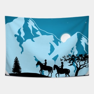 Midnight Riders - Majestic Moonlit Mountains Tapestry