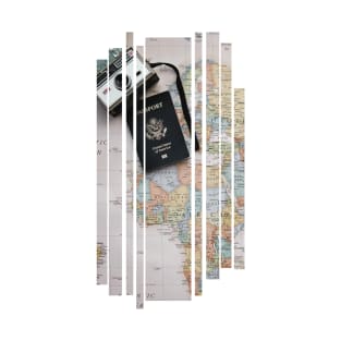 Photo of travel gear - mat, camera, passport T-shirt print | Travel and Adventures T-Shirt