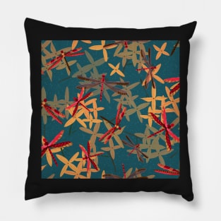 Thailand red dragonflies and ixora flowers on dark blue Pillow