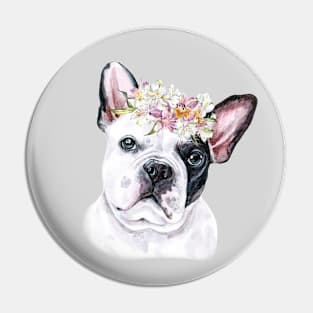 Cute French Bulldog with Pink Flower Hair Wreath Illustration Art Pin