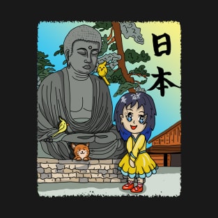 Cute cartoon girl and her cat visit the Great Buddha T-Shirt