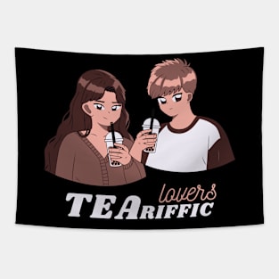 Brown Cute Anime Milk Tea Lovers Couple Tapestry