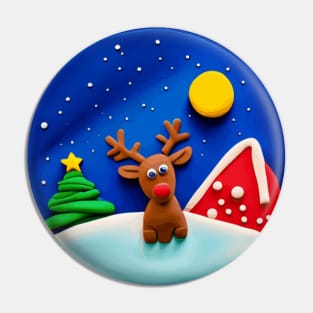 Cute Reindeer and Christmas Tree Snowy Winter Night Pin