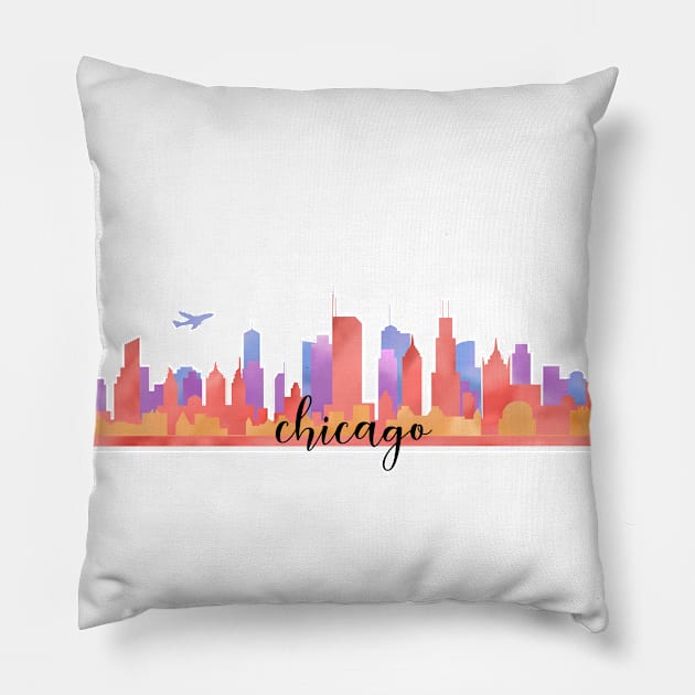 Color Chicago City Skyline Watercolour Multilayer With Aircraft/Flight/Aeroplane/Airplane/Plane Pillow by stateofthe-art