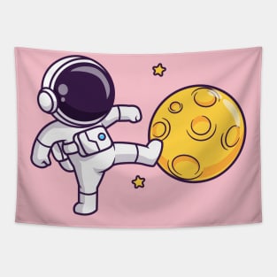 Cute Astronaut Kick Moon Cartoon Tapestry