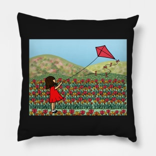 Young Girl Flying Kite Tulip Field Spring Season. Pillow