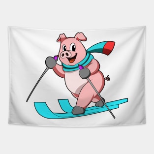 Pig as Skier with Skis Tapestry