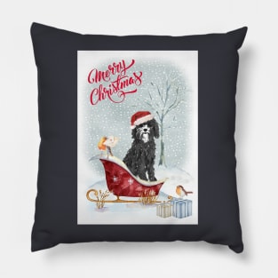 Black Cavapoo Merry Christmas Santa Dog Pillow