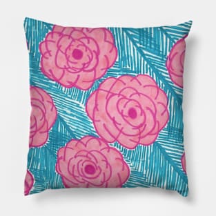 Palm Leaves and Roses Tropical Print Pillow