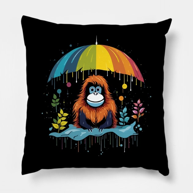 Orangutan Rainy Day With Umbrella Pillow by JH Mart