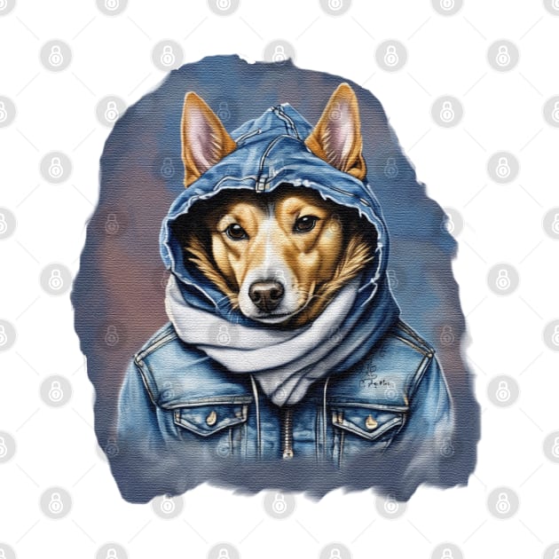 Street Dog wearing a denim jacket hoodie watercolor by JnS Merch Store