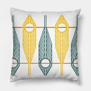 Geometric Feathers in Gold and Green on White Pillow