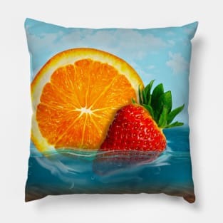 Orange and strawberry in water, strawberry dropped into blue ocean Pillow