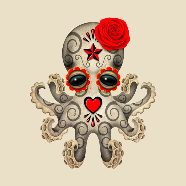 Red Day of the Dead Sugar Skull Baby Octopus by jeffbartels