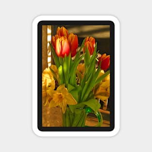 Tulips & Daffs in Green Jug Magnet