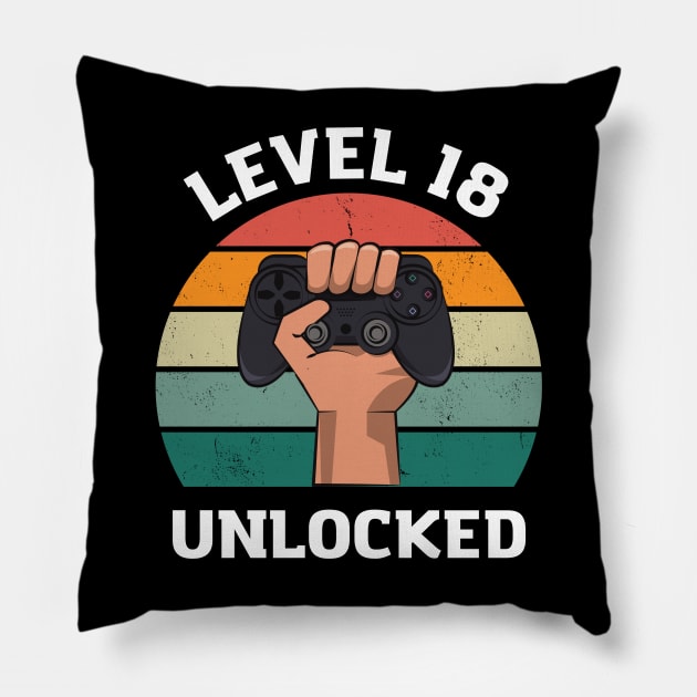 birthday gift t-shirt for an 18-year-old, Gamer, Level 18 Unlocked Pillow by Crazy.Prints.Store