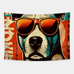 Retro Magazine Cover: Dog with Sunglasses and Vintage Style Tapestry