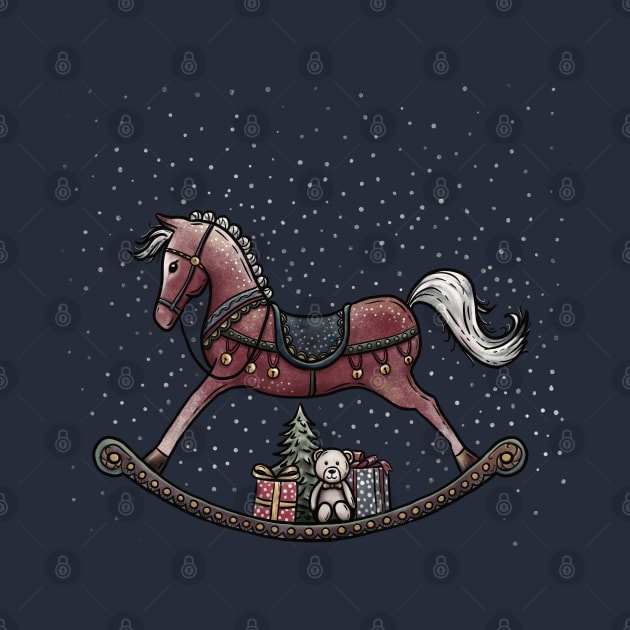 Christmas Rocking Horse illustration with cute bear, gifts and Christmas tree on a snow background. by ChrisiMM