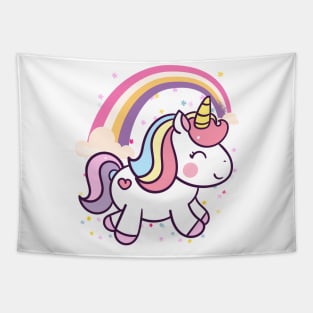 Cute Unicorn With Rainbow and Little Flowers Tapestry