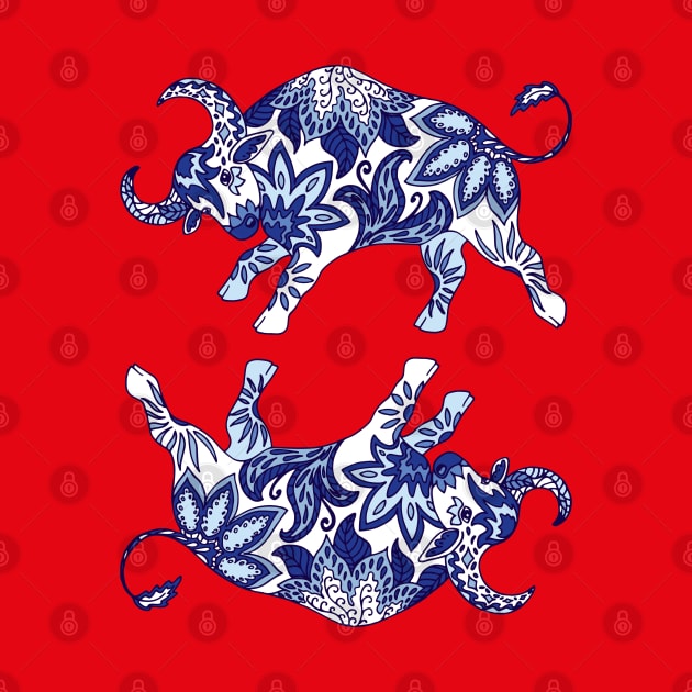 Paisley Oxen (Blue and Red Palette) by illucalliart