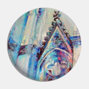 Gothic cathedral. Architectural colorful abstract with graphic silhouette. Oil painting in multicolored tones. Pin