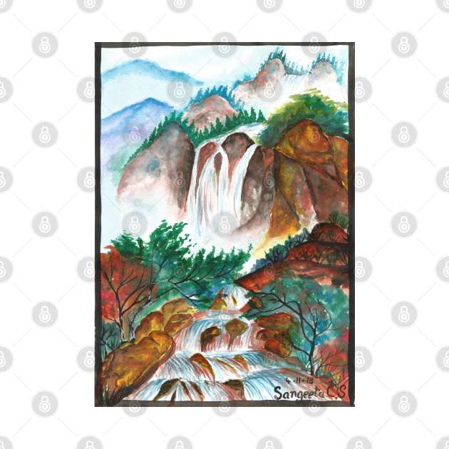 Waterfall over the mountains ink painting by Sangeetacs